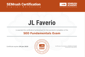 SEO Fundamentals Exam completion, presented to JL Faverio. Links to PDF of certificate.